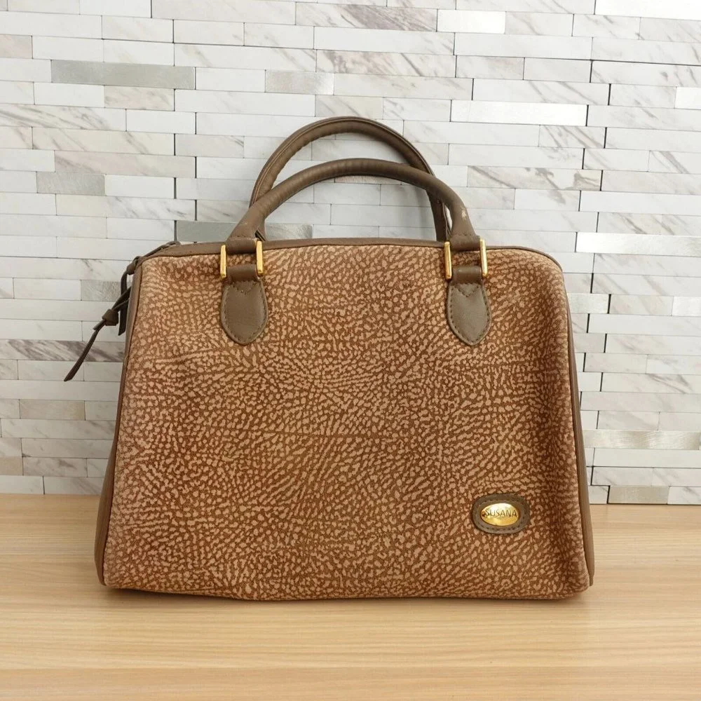 VINTAGE Brown‎ Quail Print Handbag Leather Partridge Eye Japanese SUSANA JAPAN